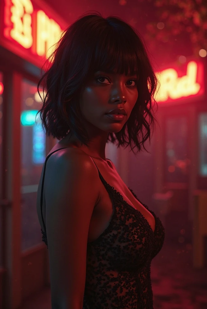 Kizi, short black hair, without bra, No blouse, breasts showing, THREAD PANTIES