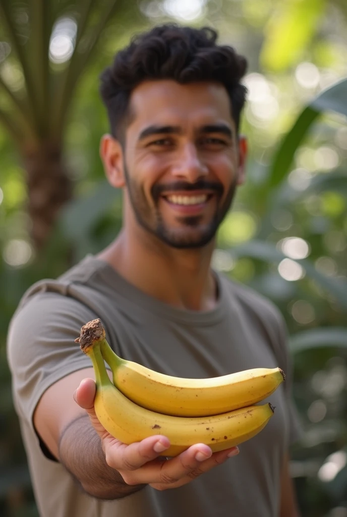 A man stand with two banana on his hand