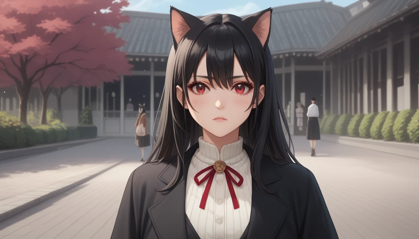 A dark stage in a park where you can see 3 characters is Renji Abarai together with Byakuya Kuchiki and the two of them are watching a girl with long black hair with cat ears and red eyes in her black shinigami costume