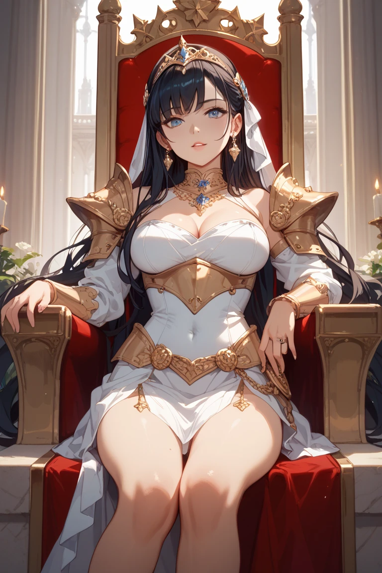 sexy woman, priestess, voluptuous, hourglass body, medieval fantasy, cathedral, dim light, praying, long curly hair, staff, white and gold clothes, detailed