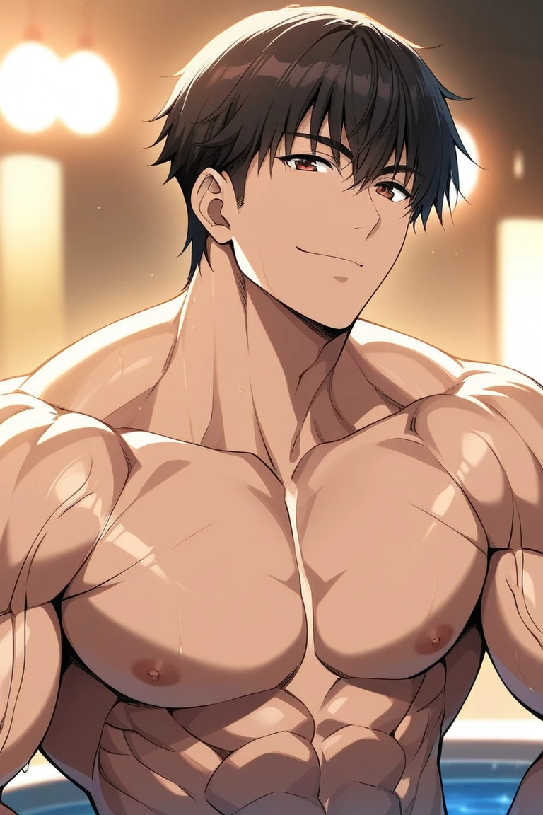 (masterpiece, best quality, detailed), boy, male focus, muscular, sitting, bench, sweat, indoors, topless male, smile, kotomine kirei, black pants, cross necklace