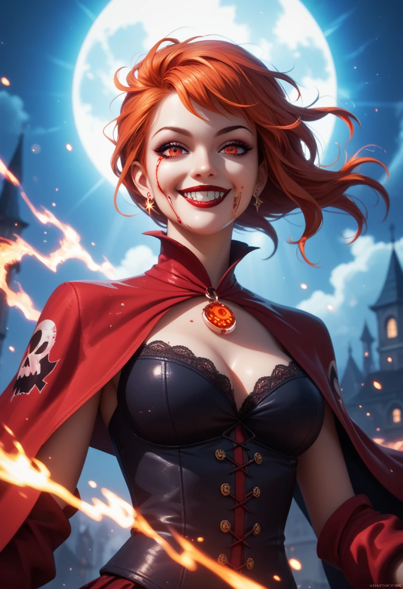 sunset dark castle, circled by fire, witch, perfect face, red hair, big , red underwear sexy, thight fit, pretty smile, red lipstick, cleavage