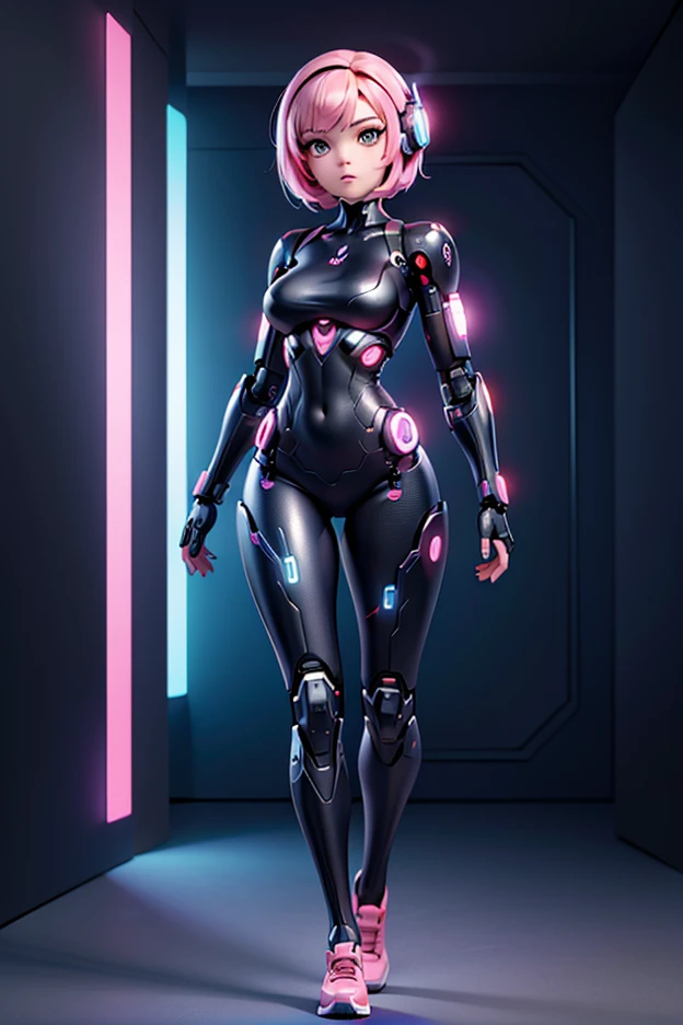 ((full body, standing):1.5), {((1 woman))}, {((with bionic body parts, wearing extremely tight black sleeveless shirt, short gin shorts)), ((very large breasts)), ((very short, straight pink hair, blue eyes)), staring at the viewer, smiling, ((striking an erotic pose)), ((in a futuristic spaceship, in front of an elevator, window showing the outer space, futuristic machines, humanoid robots, pipes with lights))}, 16k, best quality, best resolution, best sharpness, ultra detailed