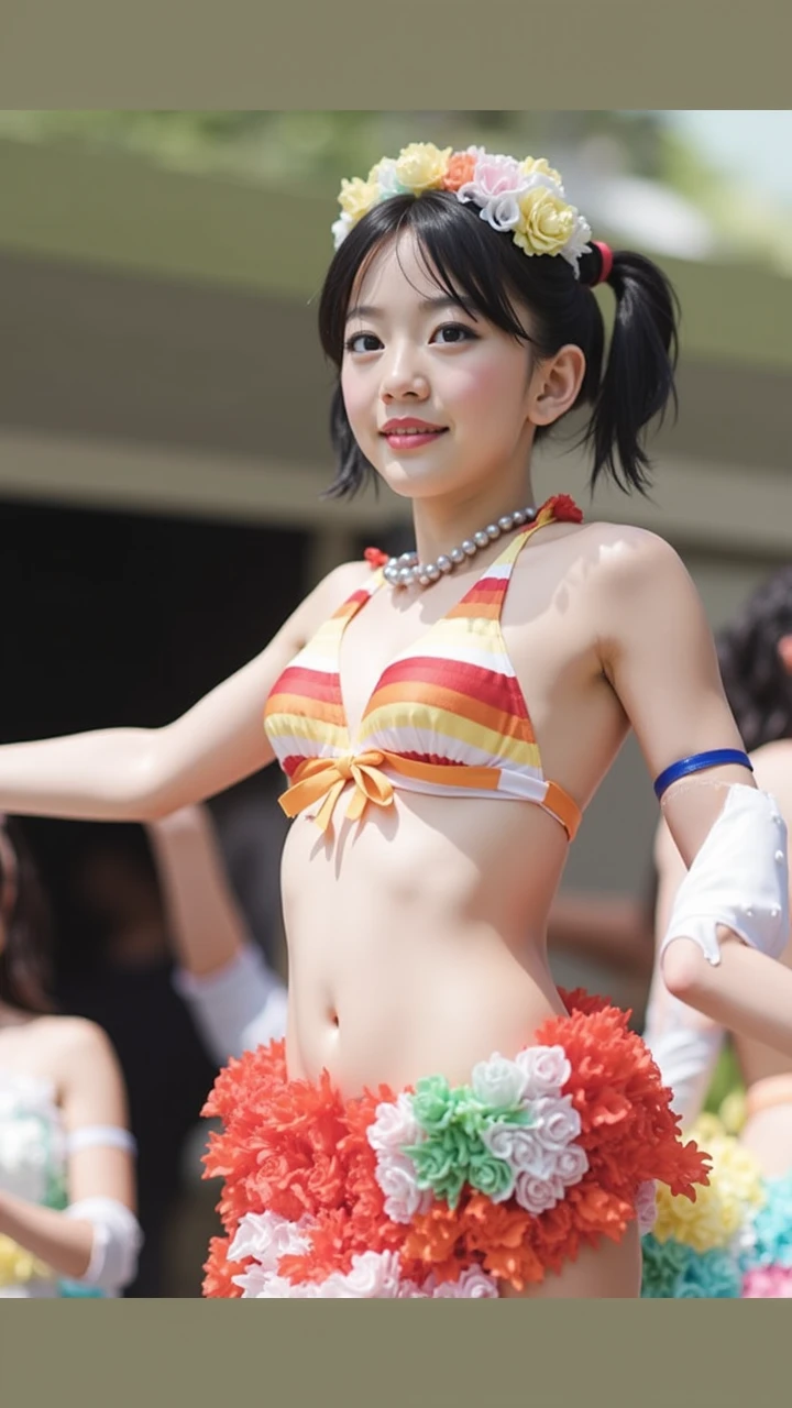 Japanese cute girl wearing a samba costume in the carnival, dancing, Carnival costume, (((Big feather samba decoration on the back))), feather decoration on head, Double teeth are visible, elementary school age, She smiles mysteriously as if enjoying the embarrassment, very young girl, (((small breasts))), (((realistic))), (((High resolution))), (((anatomically correct))), facing the front