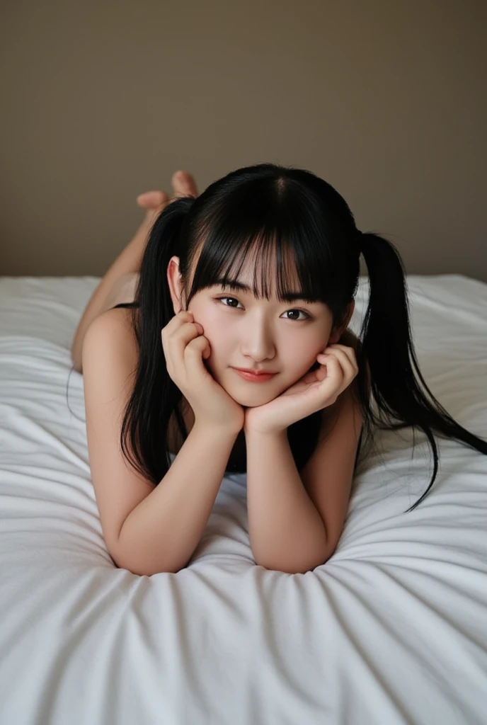 One girl, cute,  Sleep, close your eyes,  (freckles:0.2), Lying in bed, Put your head on the pillow, Bedroom, Detailed Background, indoor, employment, (Realistic:1.4),  (In the Dark, Deep Shadow,Modest:1.1), Diffused, natural skin glow,  Diffused dark light, Wide shot long hair, Twin tails, Sticking out tongue, 