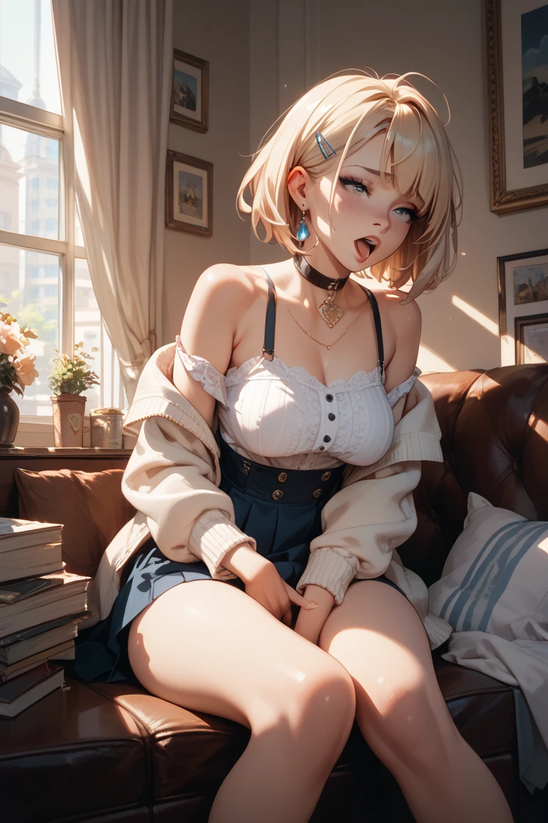 Beautiful white and shining skin、Chestnut-colored hair that changes with the light、Long bangs between the eyes that block vision、Cheek highlighter、sexlyでとても美しい素敵なゴージャスフェイス、The most beautiful face in the world、Small Face Beauty、Golden Ratio、Full Body Shot、Beautiful woman with perfect body、short hair、Ample breasts、Cleavage、slender、Waistline、Open your mouth a little、独奏、sexly、Natural soft light、Bring your arms up to your chest、Tight knitwear、mini skirt、white lace panties、
