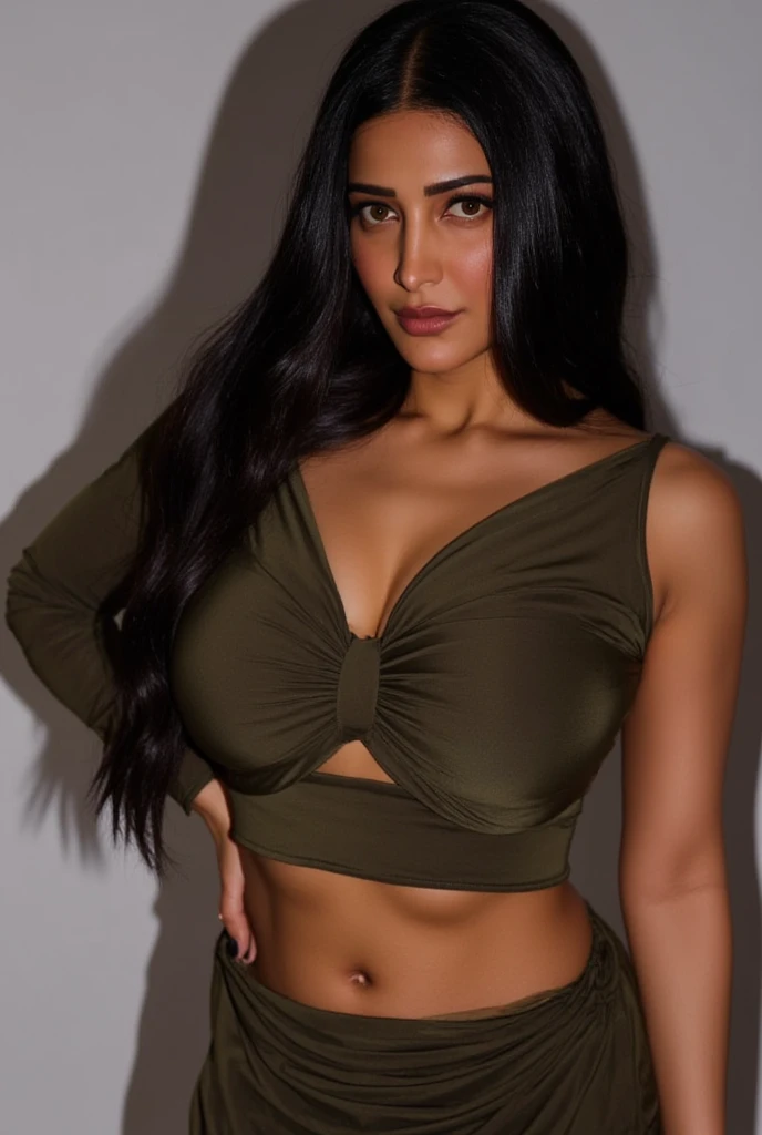 a beautiful woman, beautiful Latin face, Brazilian supermodel, stunning, stunning beauty, Angolan descent, most beautiful woman in the world, jaw-dropping beauty, young adult 30 years old, She has an exotic beauty, native Brazilian, tall woman, a stunning black African woman, with indigenous features, beautiful indigenous girl, ((An indigenous African girl with European ebony)), ((her beauty is undeniable)), beautiful young ebony girl with dark skin, tanned Mexican. *hair: Curly black hair with brown highlights, Voluminous black hair with brown highlights, vibrant and dynamic cut with soft waves. *eyes: green and expressive eyes, beautiful green eyes, realistic green eyes, detailed green eyes, ultra realistic, symmetrical, hyper realistic, (eyeliner, long eyelashes), intense and penetrating look, seductive, mysterious and charming look, look at it magnetism, attraction and fascination. * Eyebrows: Perfect eyebrows that arch gracefully above the eyes and are thick. * the nose is small and proportional to the face and the soft contour of the face that accentuates the high cheekbones. *Mouth: Attractive and irresistible mouth, well-defined lips, full lips, voluminous lips, seductive lips, captivating, striking, unforgettable, mischievous, sexy, your features are captivating, seductive expression, a seductive smile is enigmatic *Face shape: O the face is oval, with high cheekbones and a well-defined chin, a beautiful and detailed face. *Makeup: Makeup is subtle, but highlights natural features. Skin Tone: Olive skin, with healthy and even glow, with olive skin, dark skin, sexy girl with dark skin, detailed skin texture, beautiful and glowing skin, intricate details, smooth skin, healthy and radiant appearance. *body: attractive and slim woman, medium bust, athletic, thin waist, wide hips, big butt, thick thighs, shapely legs. sexy pose, full body photo, ((seductive)), Sexy, (black leather bra:1.1), (black leather pencil skirt:1.2). 3D 4k, high resolution, full sharpness