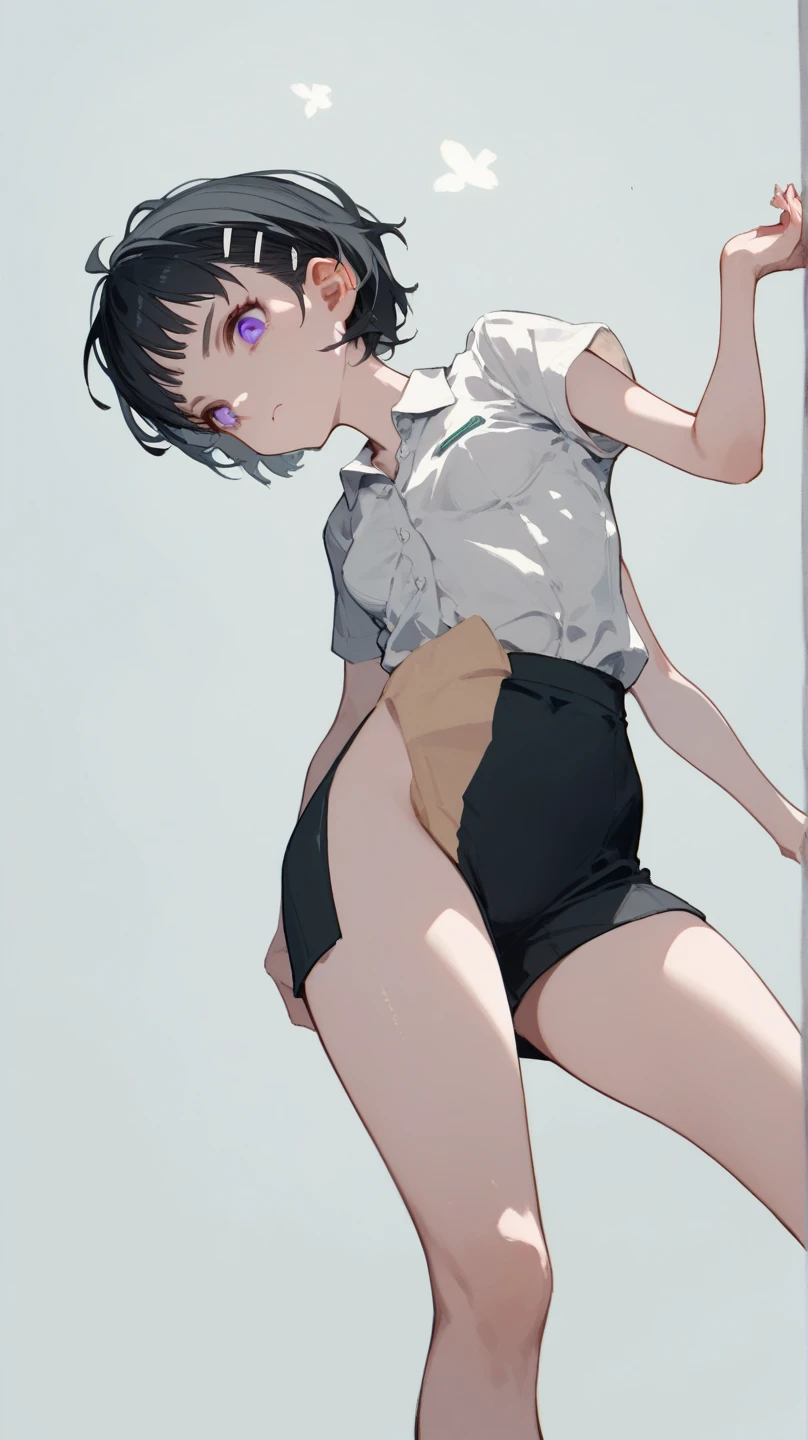 masterpiece, Highest quality, so beautiful, Absurd,
One girl, alone, Black Hair, Bobcut,
Thermont 16A, Glasses,
Collared shirt, Happy, smile, Sticking out tongue、Small breasts、tits、whole body、View your viewers, White Background, Simple Background,被写体のwhole bodyが映る、(From below:1.1)、Crossdresser、Transsexual、NSFW