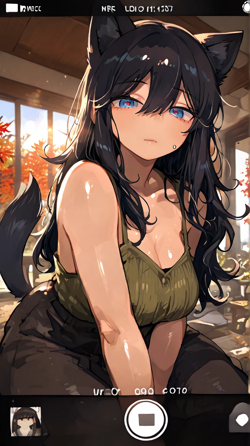 <hypernet:WatercolorAnime:1> 1girl, green eyes, dark blue hair, bangs, ponytail, serious, tank top, in a cabin
