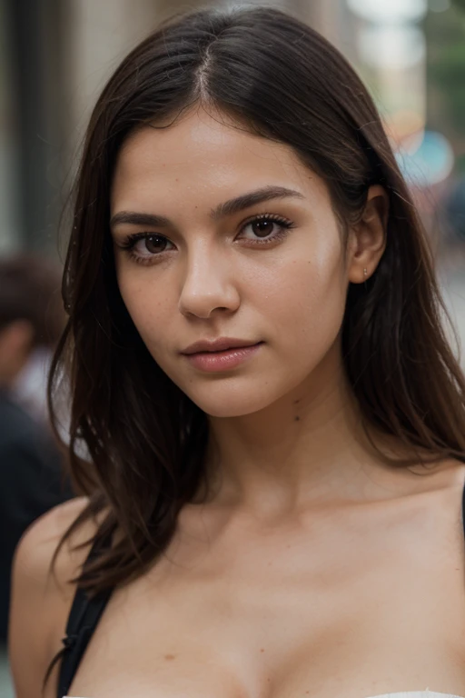Breathtaking cinematic photo of a 30 year old girl with black hair and brown eyes, happy, looking front and smiley face, closed mouth, beautiful lips, intricate details, shallow depth of field, highly detailed, high budget, epic Hollywood film, gorgeous, masterpiece, award-winning, professional, highly detailed, detailed skin texture, (blush: 0.5), (goosebumps: 0.5). (the most beautiful woman in the world) (brown hair) (long hair, wild hair, stylish cut) thin face, thin nose, beautiful, very beautiful, perfect face, slender body (slender), (black hair) (brown eyes ) (white skin) Beautiful body, western face, predatory eyes, pink lips, thick thighs. full body, western beauty, thin nose, beautiful, perfect, ((best quality)), ((ultra resolution)), ((photorealistic: 1.4)), (intricate details), perfect face, makeup: 1.5 , clear face, facial details. front view (pink top costume)