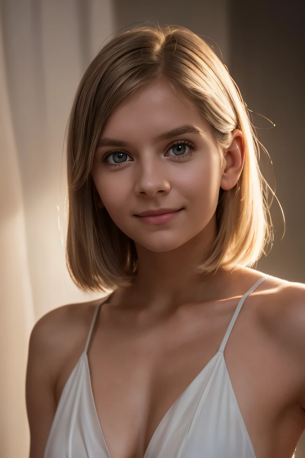 1girl, Agnes Aurora Aksnes, mischievous grin. (((facing the camera, looking at the camera, looking at the viewer))). Masterpiece, photorealistic, raw photography, soft lighting, top quality, best quality, upper body, toned. Indoors, even illumination, realistic, realistic skin.