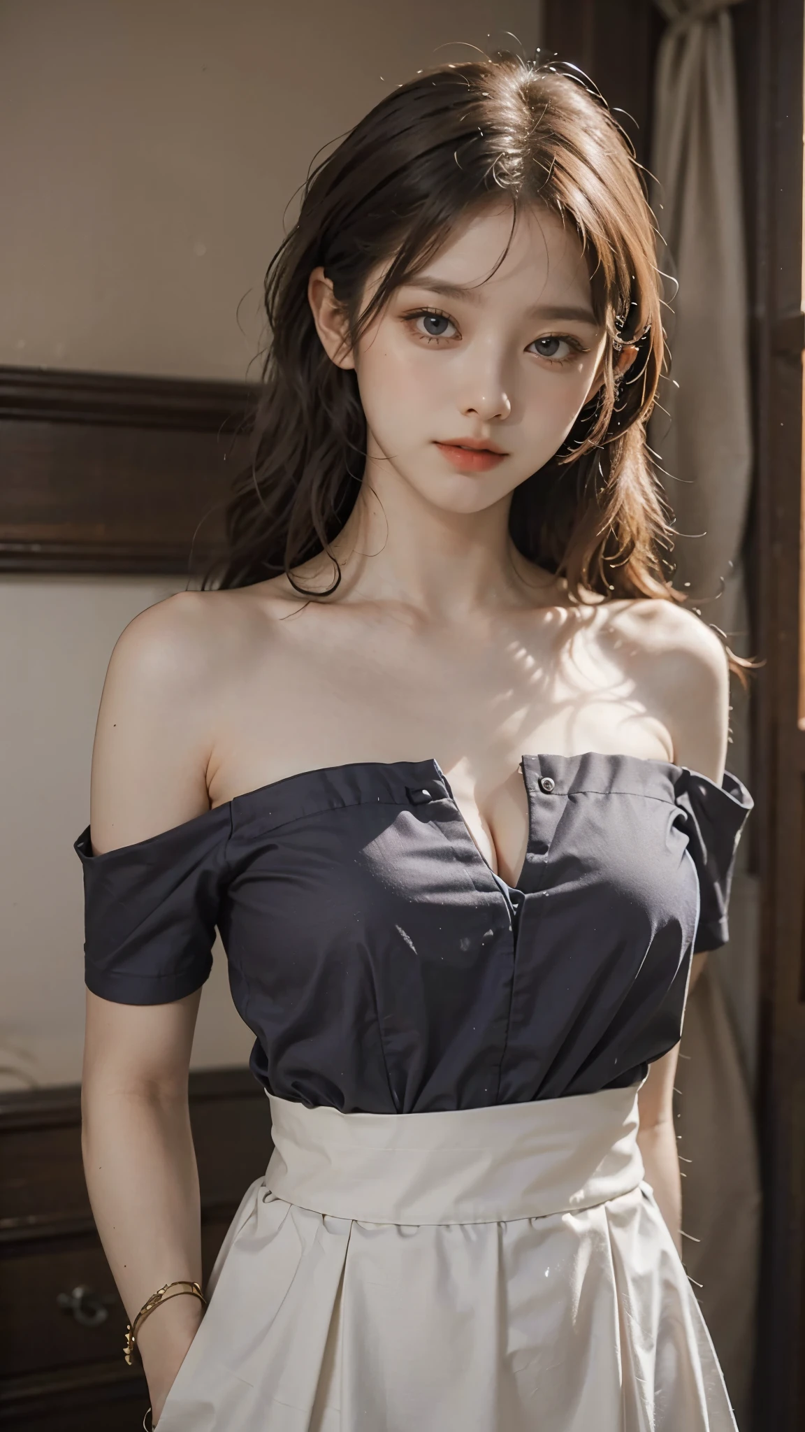 (Highest quality:1.4),(masterpiece:1.4),(Realistic:1.4),(Realistic:1.2),(超High resolution, RAW Photos:1.4),(High resolution, Very detailed:1.2),(8K:1.2),Cheki,a photo of a dark-haired,One Girl,alone,(wearing off shoulder Kimono),Big Breasts,((Upper Body:1.3)),long wavy Hair,Low image quality、blurred