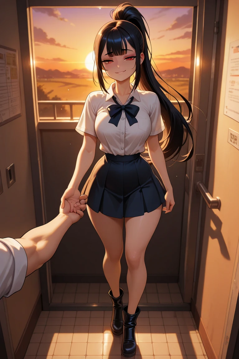 best quality,1girl,1man,((big breasts:1.5)),((((((10歳,:1.5)))))),curvy,((orgasm,blush,saliva,saliva trail,sweat:1.3)),angry,blue eyes,((black hair,short hair,twintail,wavy hair,messy hair,volumey hair:1.3)),blue ribbon,hair ribbon,((white tank top,layered skirt,blue skirt,mini skirt,lift skirt,upskirt,lace panties,white panties,white kneehighs:1.1)),((see through,train:1.1)),Standing,French Kiss,hug,((fat man in suit:1.3)),from behind,