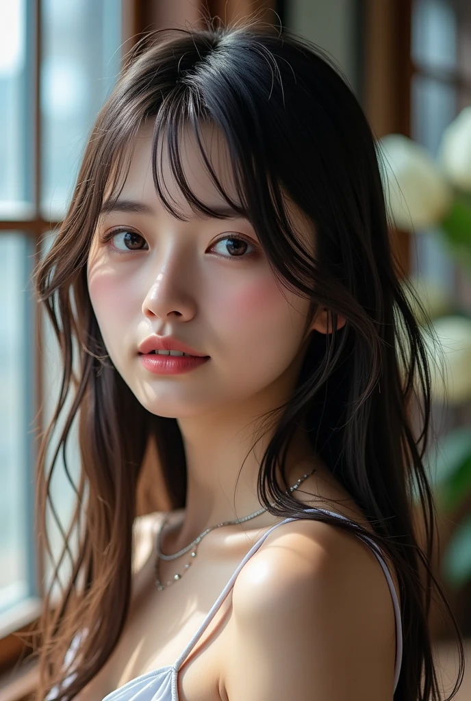 Film Portrait Photography, One girl, Bare shoulders, Shoulder-length wavy hair, Calm, Calm, (Realistic eyes, Natural skin texture, Realistic facial details), Soft and dramatic lighting, Depth of written boundary, Bokeh, Vivid details, In detail, Surreal, 35mm Film, Absent-minded, movie,