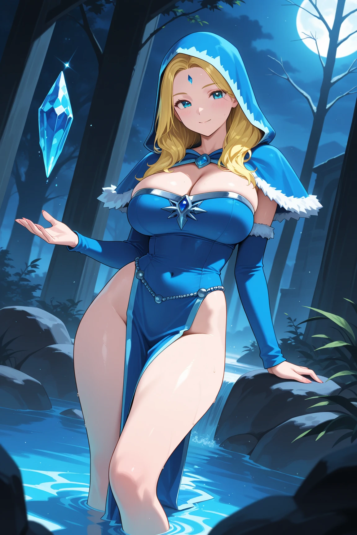 best quality ,beautiful,gorgeous , highly detailed , unreal engine , octane render   ,  , detailed face,eyes, ray traced reflections, mature  , 8k high res  , extremely detailed eyes  , masterpiece ,  ,cute smile with closed mouth, <lora:crystalMaiden:1>,blue  coat , [blue gemstone on forehead], crystal maiden  , rylai,blonde hair , blue eyes,pale skin , frosty and cold ,snow,medium breasts
