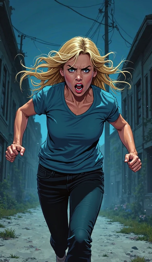 one person, sexy female blond character, green eyes, pink long-sleeve T-shirt, black leggings, fighting with monsters in forest