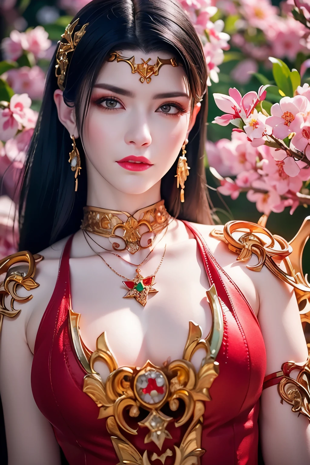 (RAW photo:1.2), (photorealistic:1.4),(intricate details:1.2),(masterpiece:1.3),(best quality:1.4), (ultra highres:1.2),1girl, solo, jewelry, earrings, pointy_ears, necklace, upper body, looking at viewer pose, red ornamental clothes, background : a garden with fluttering sakura petals