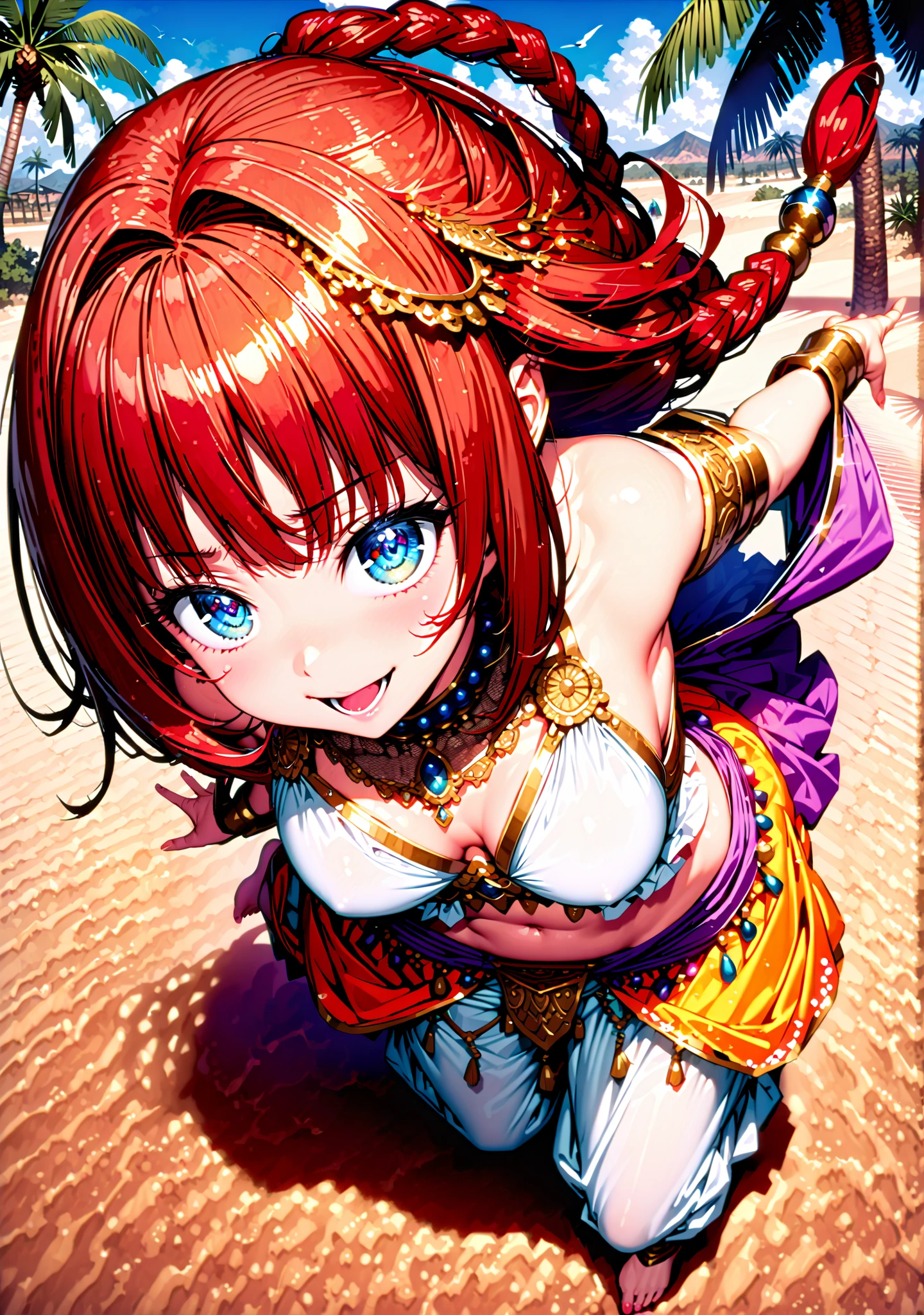 Kurosaki's thing , stupid hair, blue eyes, Single long braid, Hair Intake, hair ornament,red hair,smile,cover,opens her mouth,Medium breast, Harem outfit, White Veil, Arabian clothing, collar , Mousebale, circlet , harem pants, bare feet,gold trim, dancer ,Palm Tree,Dancing,full bodyがillustrationsに入るように,break outdoors, desert,オアシス
break looking at viewer,full body,
break (masterpiece:1.2), Best Quality, high resolution, Unity 8k 壁紙, (illustrations:0.8), (beautiful detailed eyes:1.6), very detailed face, so that it fits into the illustration, Extremely Detailed CG, (perfect hand, perfect anatomy),