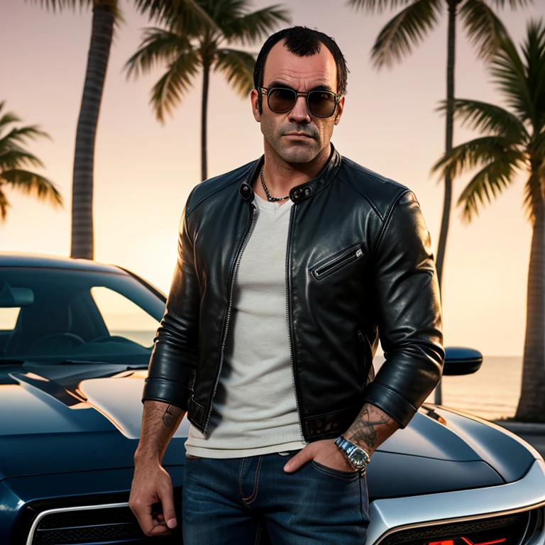 picture taken from front of car, sunset in background, bald muscular man, blue tshirt, in ferrari, dubai desert, using iphone, photo taken from far away, sunglasses, black jeans, cat eye sun glasses, leather strap watch, hyper realistic, detailed skin, high resolution, extra details, quality uhd, tanned skin, sharp jawline, detailed face, photo realistic, high budget, sunset