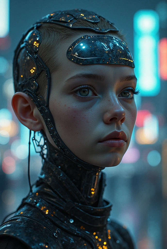 (best quality, 4k, highres, masterpiece:1.2), ultra-detailed, (realistic, photorealistic, photo-realistic:1.37), HDR, UHD, studio lighting, extreme detail description, professional, sci-fi, portrait, sharp focus, dystopian setting, creepy atmosphere, futuristic technology, muted colors, cyberpunk aesthetic, glowing LED lights, mechanical body parts, exquisite facial features, mixed race, contemplative expression, metallic armor, complex wiring and circuitry, tangled wires, smoke and dust particles, crumbling concrete walls, overgrown vines and moss, cracked floor, shattered glass, shadows and reflections, mysterious shadows in the background, repaired weaponry, holographic interface, advanced cyborg enhancements, electric sparks, flickering lights.