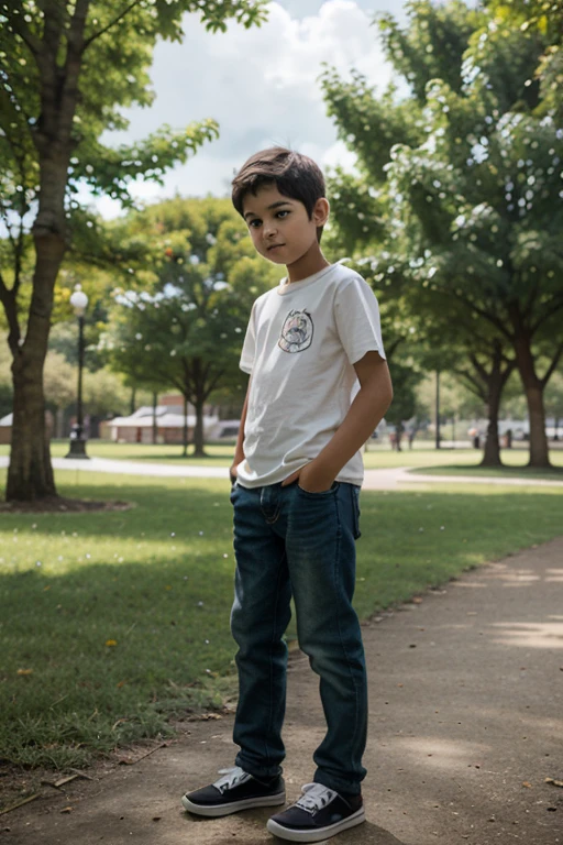 Blonde child, realistic black T-shirt, super real blue eyes, golden ratio, cute hands in pockets, front face, baby face, normal fingers, boy 5-6 years old, outdoors, beautiful scenery