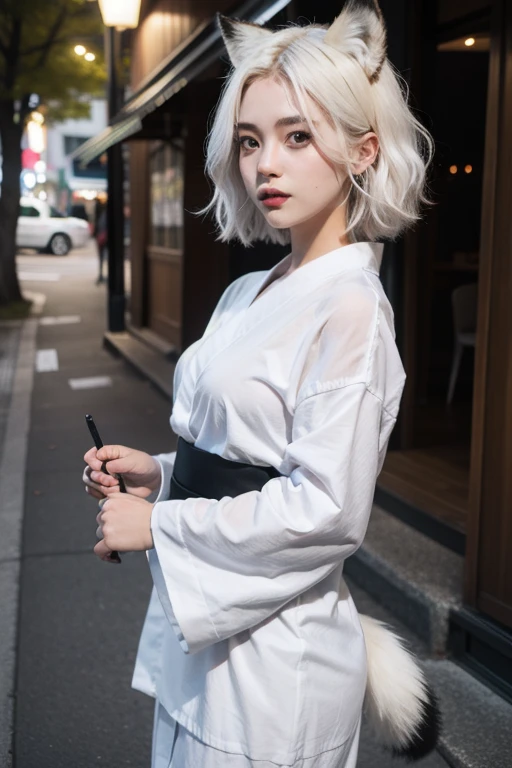 Masterpiece , Best quality,Nahida(Genshin Impact), 1girll , White shirt:1.5 ,Side ponytail ,White hair ,multicolored hair, Green eyes,leisure wear , Hat , Black choker, bag , Green hair,Busy roads , City life