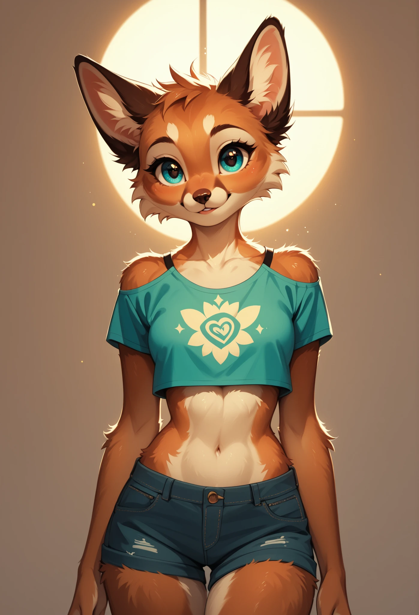 best quality,8k,ultra-detailed,furry woman,cute,cute face,beautiful detailed eyes,cute outfit,short pants,crop top,soft and fuzzy fur,vivid colors,lively background,portrait style,golden lighting
