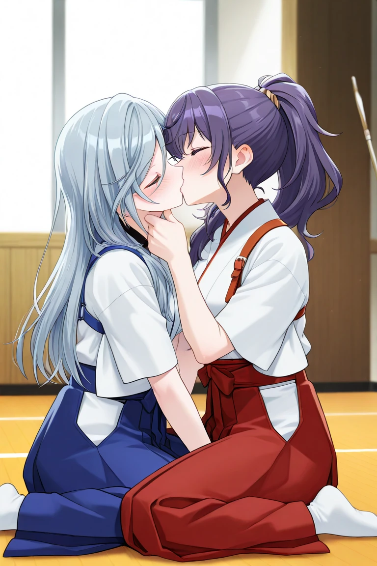 2 adorable naked Japanese lesbian girls kiss in the middle of a crowd in a school classroom, carefree mood, a string of saliva between their mouths, hold hands, blush, atmosphere of endless happiness, there is a translucent rainbow glow around them