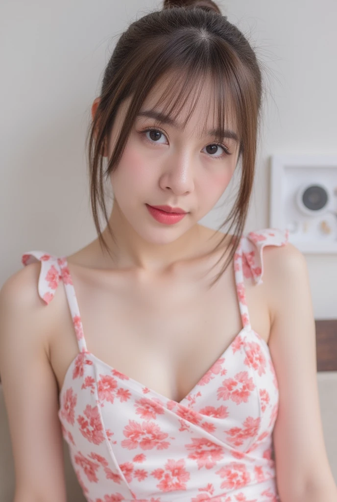 ((whole body from thighs:1.5)), ((Photorealism)),
((highest quality, 8k, masterpiece: 1.3)), Perfect body beauty: 1.4, (Breast A cup:1.2), Small breasts, Round shaped breasts, Perfectly shaped breasts, Highly detailed face, Beautiful woman, (Dark brown shortcuts), Slim face, Highly detailed face and skin texture, Highly detailed lips, Spread your legs, highest quality, masterpiece, 超A high resolution, (Realistic:1.4),
((18-year-old, Beautiful female college student)),
((Floral tiered dress:1.5)),
((Cute Earrings, Silver Necklace)),
((Factory Piping, Dirty floor, Dimly lit room at night:1.5)),
((Sitting on the floor, I can see your beautiful thighs:1.2)),
((Sexy atmosphere, Gaze seducing a man, hold out your lips, A sigh escapes:1.2)),
((Lift your face a little)),
((Squint your eyes)),
((purse your lips:1.2)),
((Blushing:1.2)),
((Open your mouth a little to show your white teeth)),
((Body facing forward)),
((The cleavage is fluffy, Beautiful breasts)),
Narrow shoulders, Beautiful clavicle, Long, slender legs,
The beauty of slim abs, Thin waist,
Ultra-detailed skin, Glossy Skin, Ultra detailed face,
Ultra-detailed eyes, Slit eyes, Brown eyes, double eyelid, Beautiful thin eyebrows, Thin, long eyelashes,
Ultra-detailed lips, Fuller lips, Glossy pink lips, Flushed Cheeks, White teeth,
Beautiful actress's languid make-up, Pink lipstick, Smoky eyeshadow, Eye foundation,
Dark brown hair, Delicate and soft hair, Hair blowing in the wind,
(Elegantly putting your hair up, short hair, ponytail:1.5), Layered Cut, (Blunt bangs:1.2),