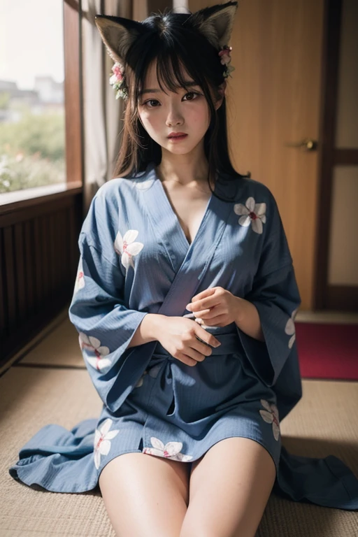 Pubic hair grows、Smile full of happiness、(((During sex:1.3)))、((During sex:1.3))、During sex、Panting face、Lacking、After being attacked、Sweating、Expression in a state of excitement、short-hair、eye glass、Indigo and pink floral garments、Under the cherry tree