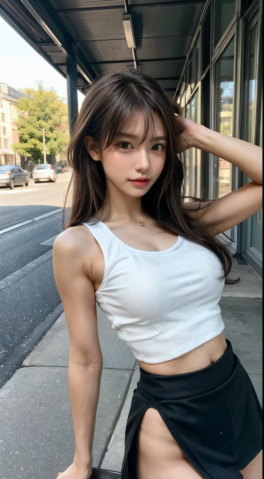 (Ultra HD), (Sleeveless shirt:1.5, Mini hot pants:1.2), (Big Breasts:1.5), (Slimness:1.8), whole body, Standing posture, (Clean and shiny skin, Whitening, No makeup), (Super slim face, Super beautiful face), (Light Brown Ponytail, Layered Cut, Fluffy hair), (double eyelid, Slanted Eyes), Small Nose, Thin lips, Thin legs, Garden