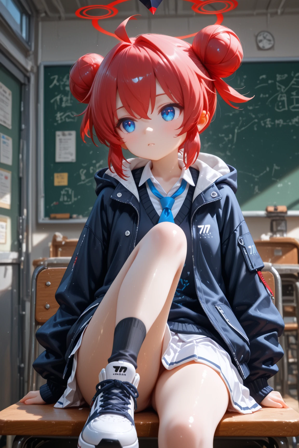 Nino Nakano riendo,colmillos,manos detalladas,Pose sexy,uniforme escolar color blanco de medias largas con sueter,preparatoria, see vagina, lift miniskirt