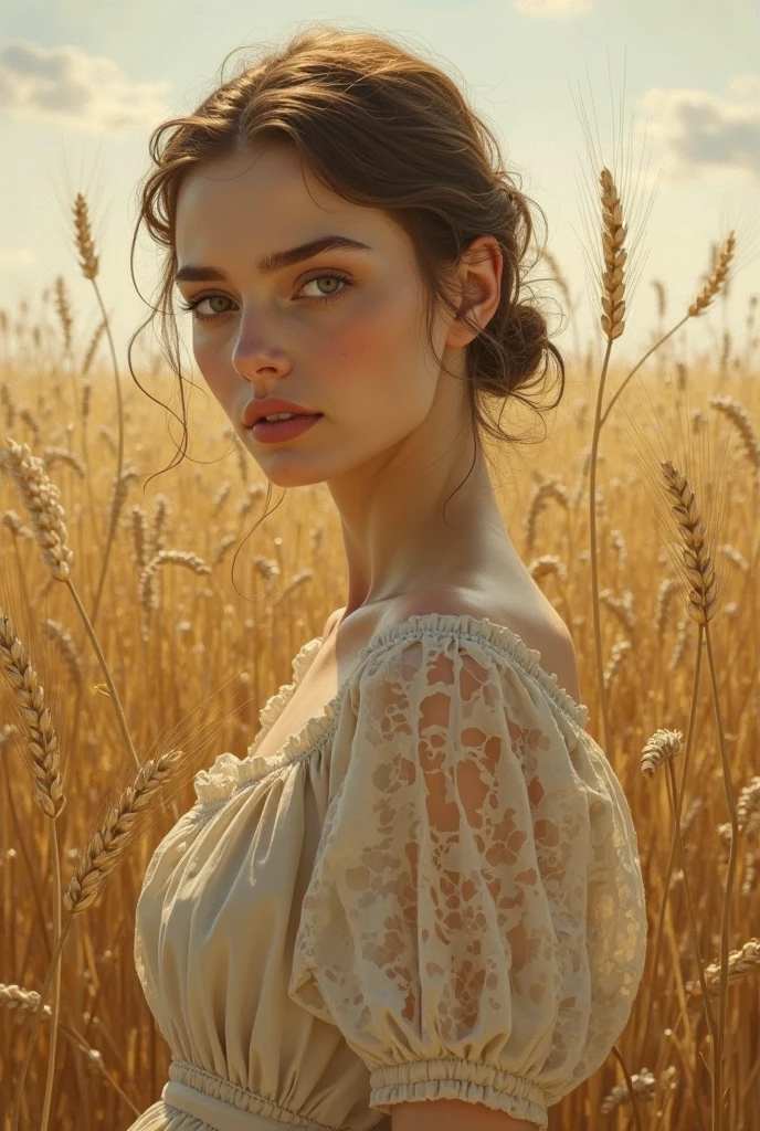 Beautiful girl with wavy long hair, butiful dress, harvest the crops your hand, background farm