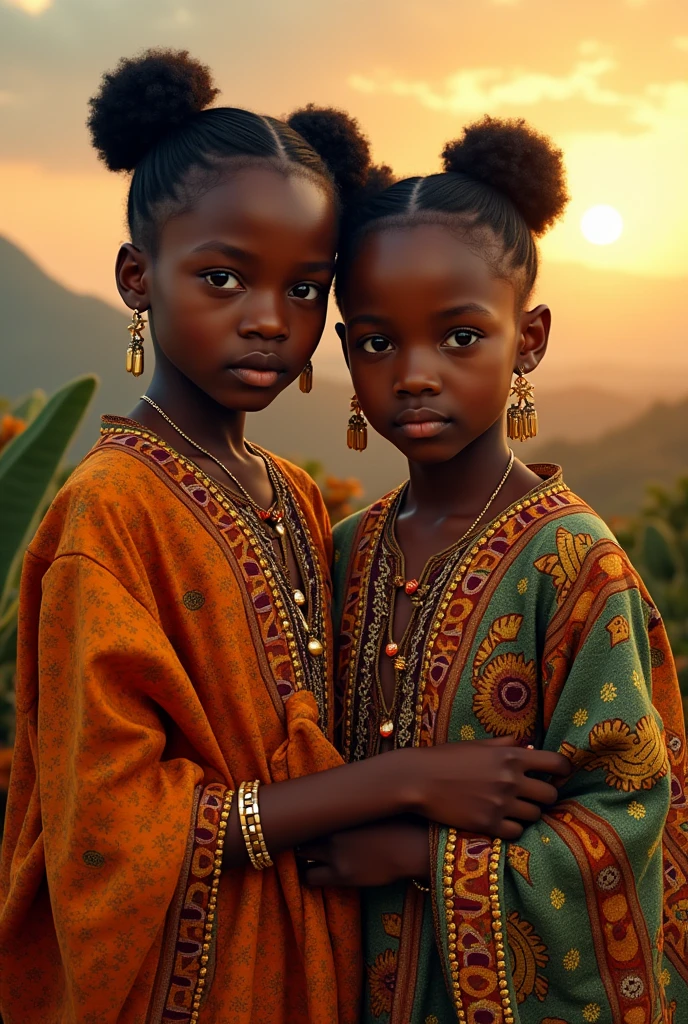 Two african girls sitting together realistic painting