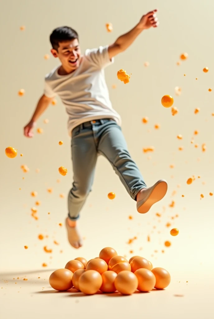 A brown-haired 15 year old France man in a blue T-shirt drives a truck with many egg but the truck fall 
his boday are hanging uncooked egg yolk
