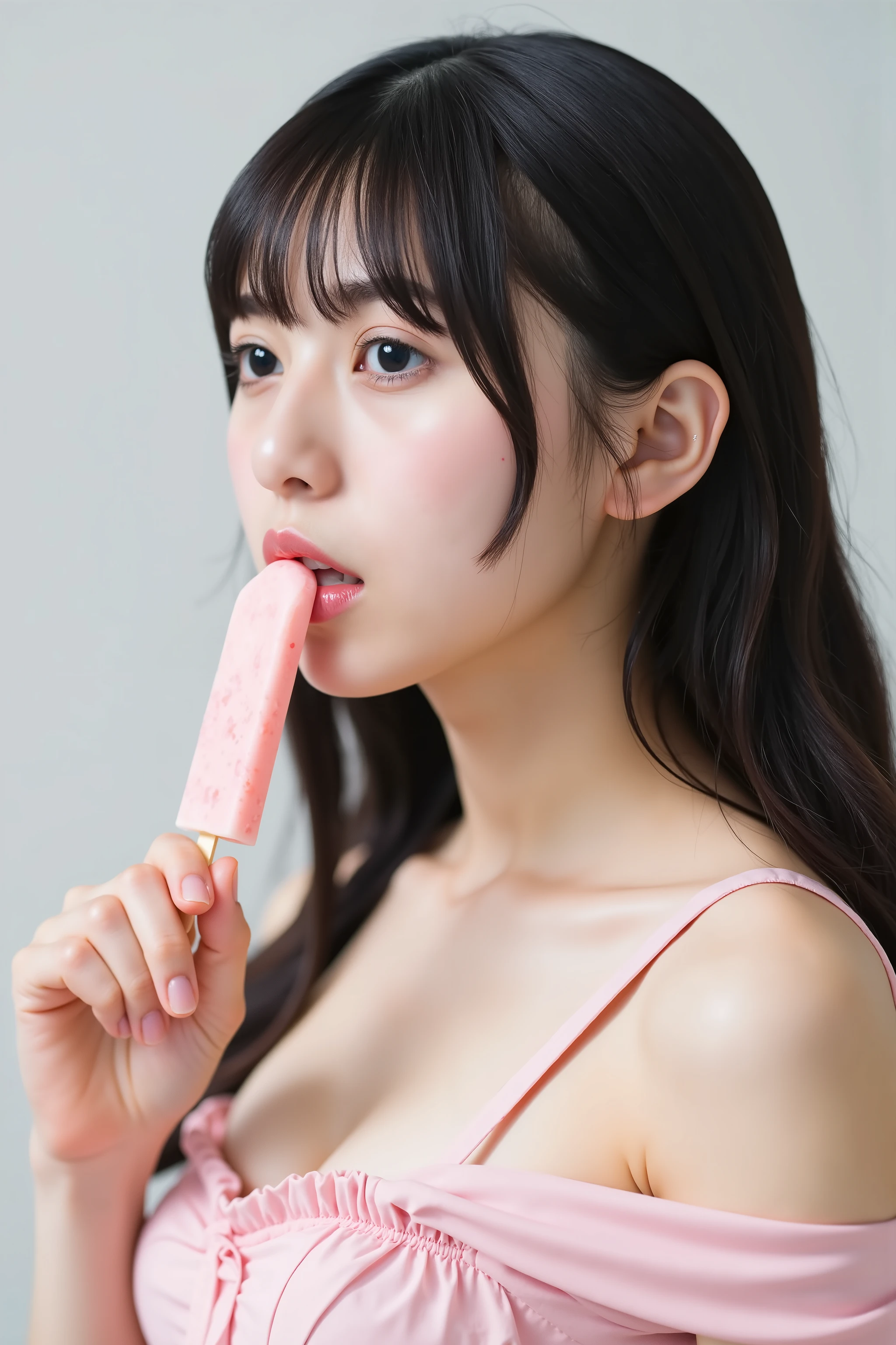 score_9,score_8_up,score_7_up,(pastel-color),(high brightness colors),1 girl,solo,(8k, masterpiece, ultra-detailed, best quality, ultra high res, newest, very aesthetic, absurdres, illustration, perfect composition),(hires),looking at viewer,black hair,shiny skin,fair skin,(upper body:1.5),Cute 20-year-old Japanese girl, wearing a white tank top bikini, emphasizing her curvy body and large breasts, seductively licking an ice pop, summer resort background