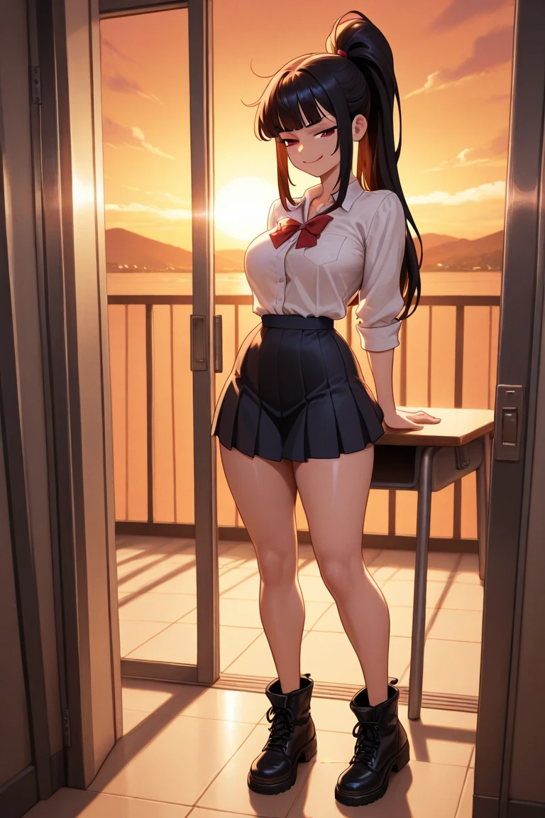 Koyomi Mizuhara, Brunette hair, long hair, glasses, medium breasts, bra underneath, medium ass, volleyball tight shirt, tight dress, socks, sneakers, smirking, view from behind, room background, posing, showing her butt, tight ass dress wedgie