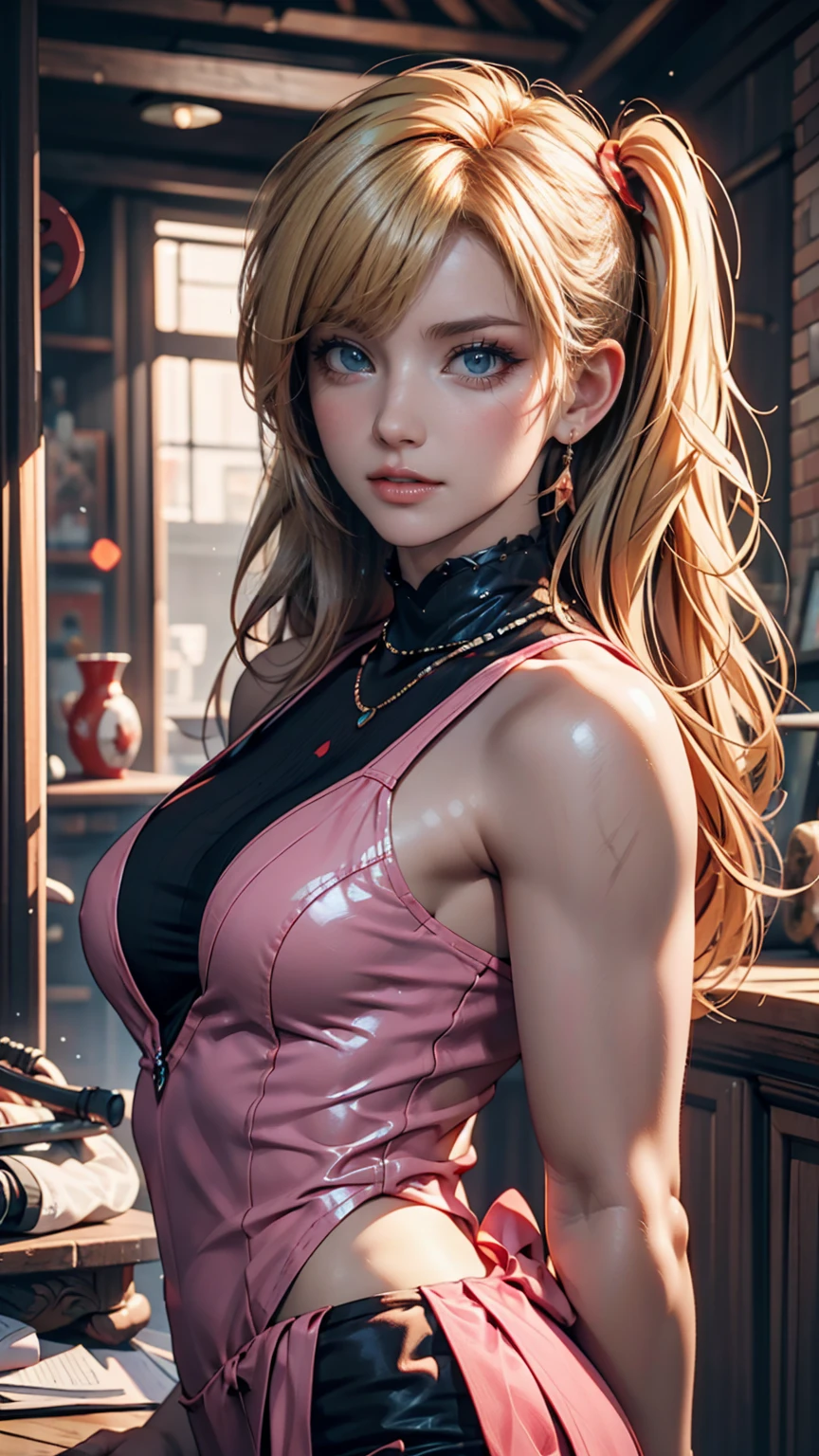(hyperrealistic), (illustration), (high resolution), (8K), (extremely detailed), (best illustration), (beautiful detailed eyes), (best quality), (super detailed), (masterpiece), (wallpaper), (detailed face), solo, (dynamic pose), 1 girl, white wavy hair on the chair, korean, heterochromic eyes, small moles under the eyes, ((short apron)), medium breasts, long legs, tightens abs, (camel toes), (no panties), (no bra)