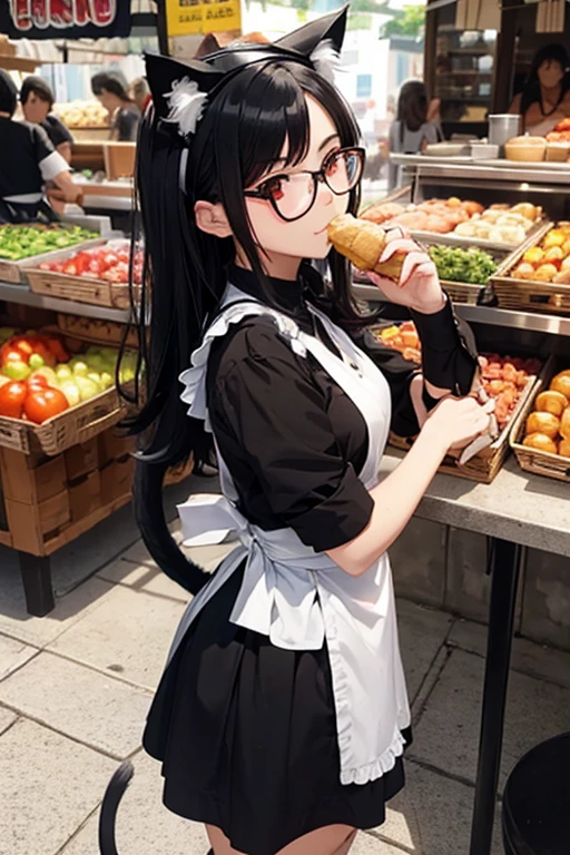Black hair, glasses, cat ears, cat tail, maid, going out, market, detour, eating and drinking