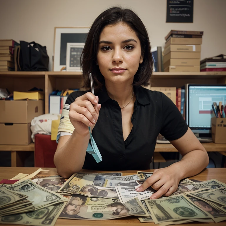 business woman sitting in a chair, behind a desk, holding a lot of cash in an office
