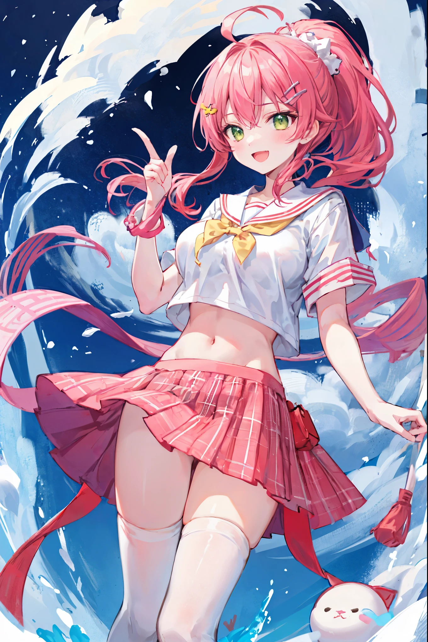 Beautiful illustration、highest qualityr、Cute girls、caulifla de dragon ball, woman super_saiyan, clenched fist, rayos al fondo, mujer sayajin, yellow_hair, green_eyes, 1girl, spiked_hair, energy, torn_clothes, joyas, aura, ropa roja, dramatic, acantilado, mirando al espectador、Un pelo amarillo 、longitud del cabello largo de sayajin 、cuerpo completo (((falda plisada rosa)))、(((Traje de marinero rosa)))、mangas cortas、Tetas colosales、un ombligo、Levantar la falda con las manos、Mostrar bragas blancas、Pull up your skirt and show your panties、con las piernas desnudas、ojos verdes、guerrera 、Muslos encantadores、muslo brillante, cuerpo completo, muestra pies, usa zapatos altos de tacon, cuerpo esvelto completo