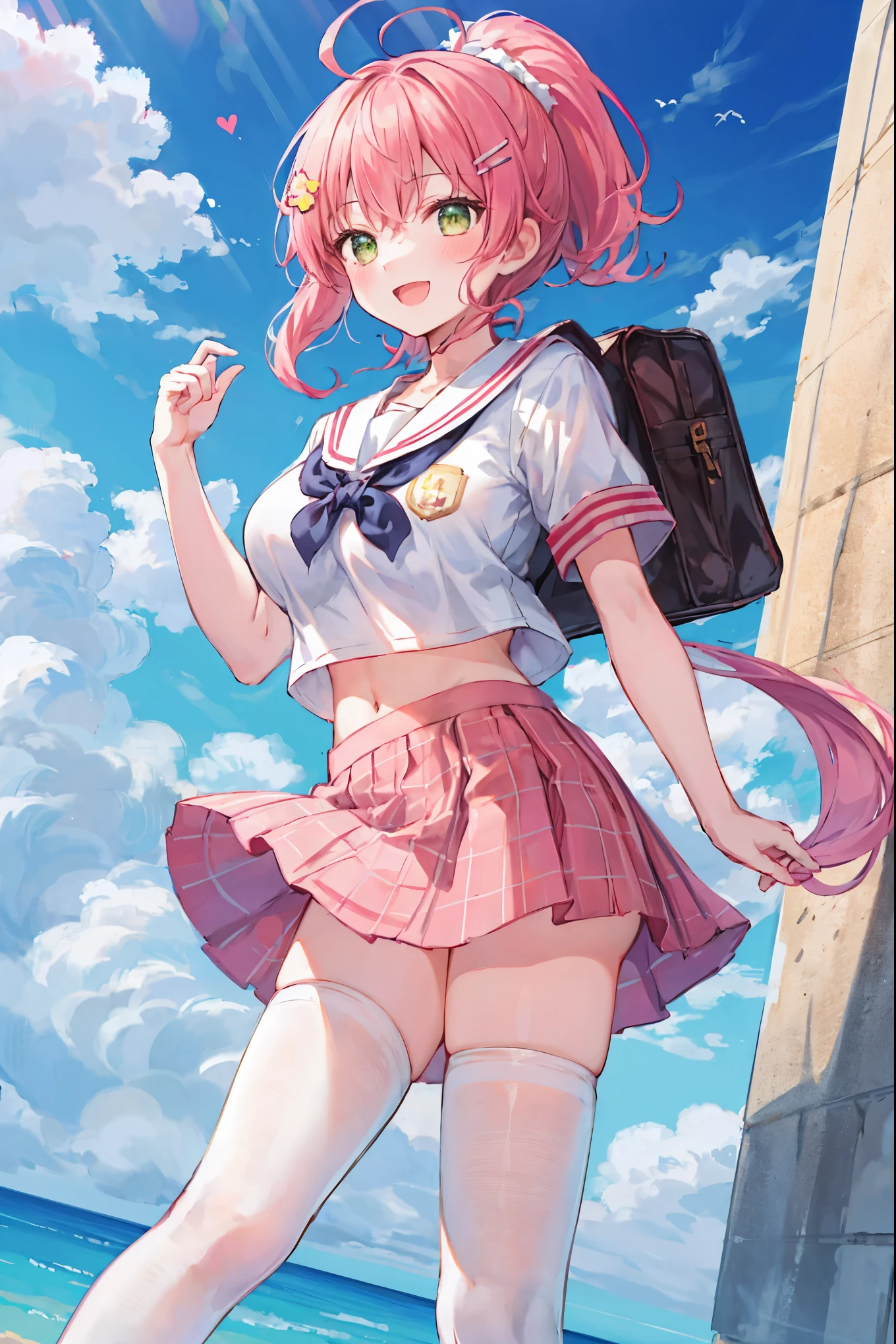 masterpiece, best quality, 1 very_young_girl, solo, MikoSchool,ahoge,pink_hair,(short_ponytail:1.3), hairclip, white shirt, sailor_collar, pink_skirt, plaid, white_thighhighs, short_sleeves, looking through legs,big_smile,large_breasts,midriff,happy, excited,open_mouth,large_droopy_eyes