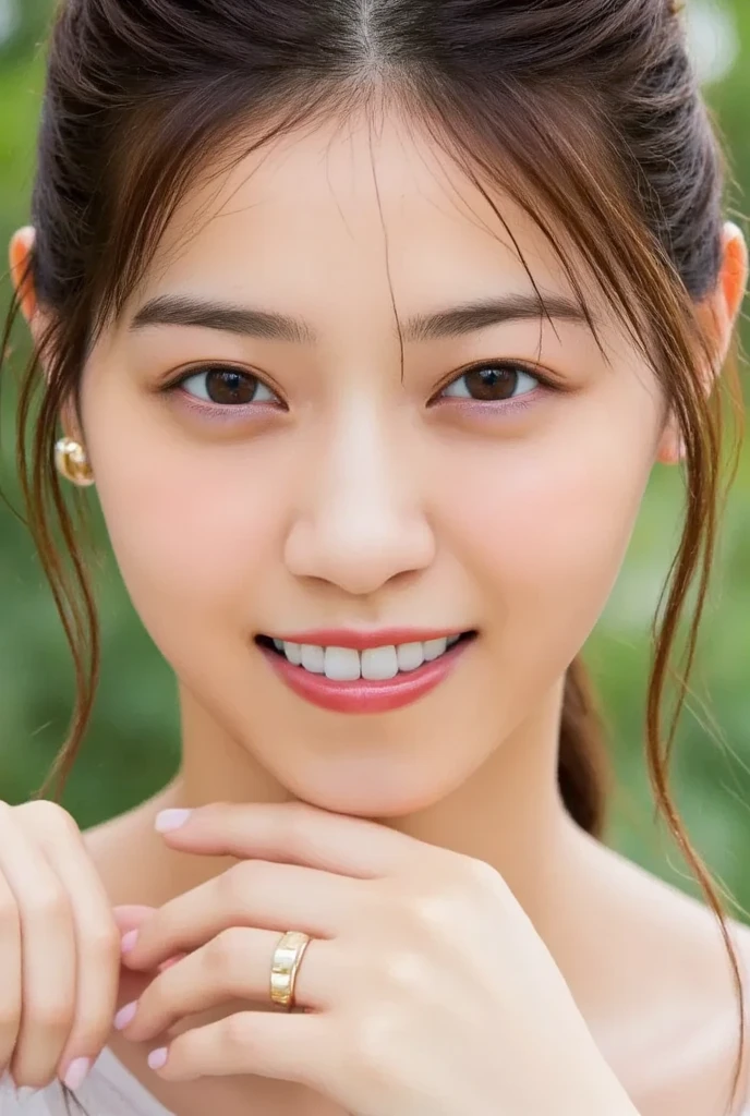 (Realistic: 1.4), (Highest quality: 1.4), Ultra-high resolution, (fine grain),,Extremely close-up face,17 years old,(Beautiful breasts),Berry Short,high school student、Track and field club、,Big eyes,Blushing、Ta,((smile)),Highly detailed face and skin texture, Healthy Skin,8K resolution、Remove all of the bottom、Double Peace、Ahegao