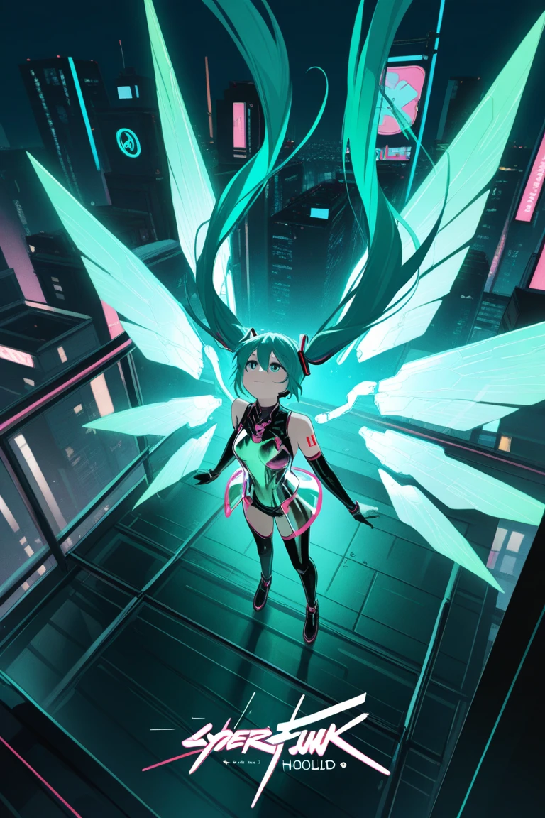 in style of Light tracing ,Hatsune Miku&#39;s back wearing wings，Wear iconic outfits and hairstyles，Green extra long double ponytails，Ethereal Holographic Center, neon wings, Founding Angel, Transparent holographic existence, projection mapping，black background，in style of data visualization design , beautiful details