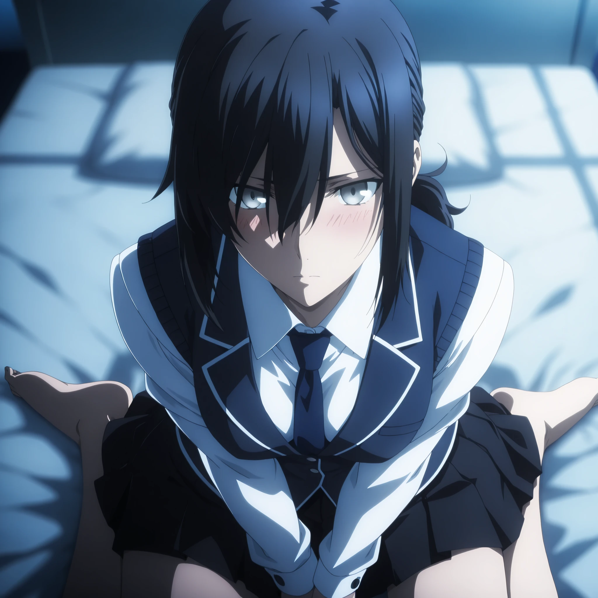masterpiece, best quality, amazing quality, highres, absurdres, very aesthetic, high resolution, ultra detailed, perfect details, midnight,  , upper body, indoors, ufotable style,  ((blue hour)), (from above),
 
1girl, solo, ufotable style, anime style,  (anime coloring:1.5), (anime screencap:1.2) ,(aged up:1.4), 
   
girl, mature, slim body, slender body, ,Fate Grand Order, fate, Fate Grand Order, medium hair, (straight hair, low ponytail), light gray eyes, black hair, on bed, front open , sweater vest, blazer, dark blue necktie , long pleated skirt, (small breast),  looking at viewer, ((wariza, arms between legs)) , expressionless, embarrassed, blush, 
