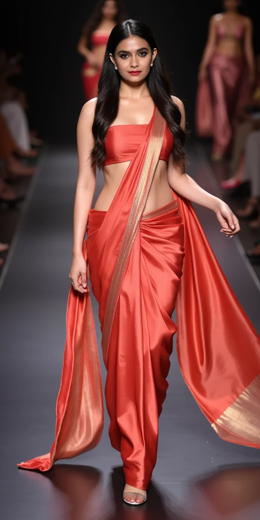 An indian Instagram model, wearing a copper red velvet gown and shorts in a elegant looks, d size, elegant pose, in a pink background, rim light, warm lights, smoke, long glazing hair, spotlight illumination, rich shadows, sparkling bokeh, exquisite details, high-resolution, 35mm film, timeless elegance