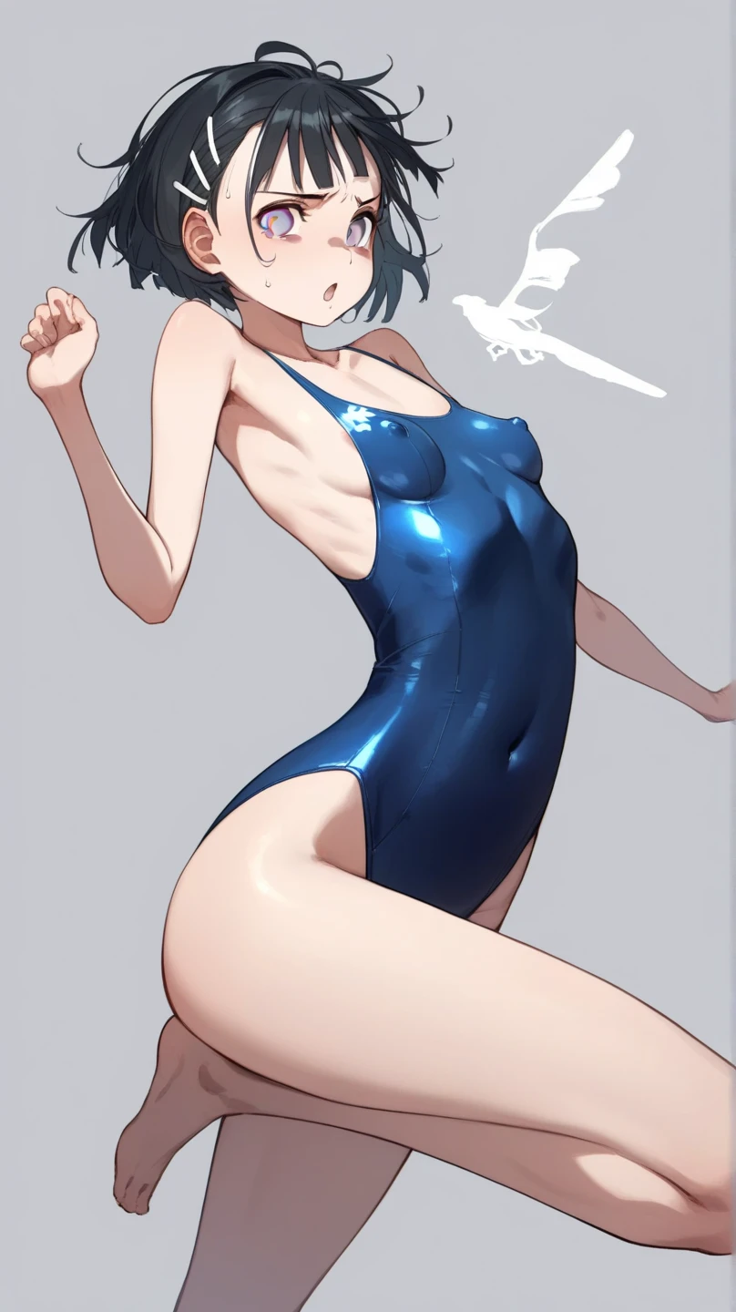 1 girl, ayanami rei, solo, red eyes, short hair, blue micro bikini, skinny, red ribbon, hair between the eyes, ribbon around the neck, Bare feet, standing in front of the viewer, looking at the viewer, blue hair, ribbon, closed mouth, bangs, top, medium rounded breasts, medium quality, late, 