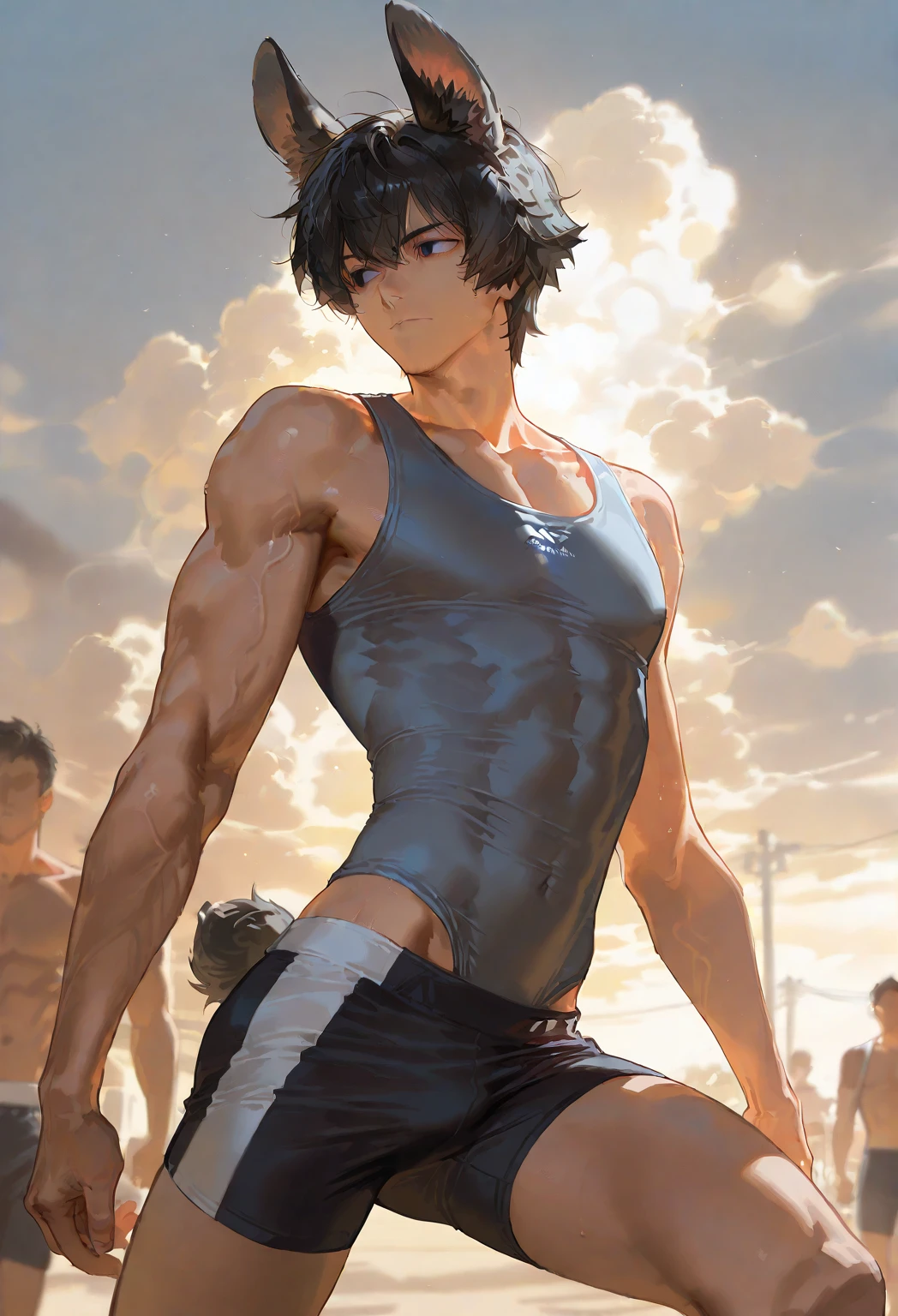cartoon，Handsome face，Naked figure，Tall stature，Slender figure，Black pants，Perfect body，Men wearing only，Front view，Full body shot，High Detail，run