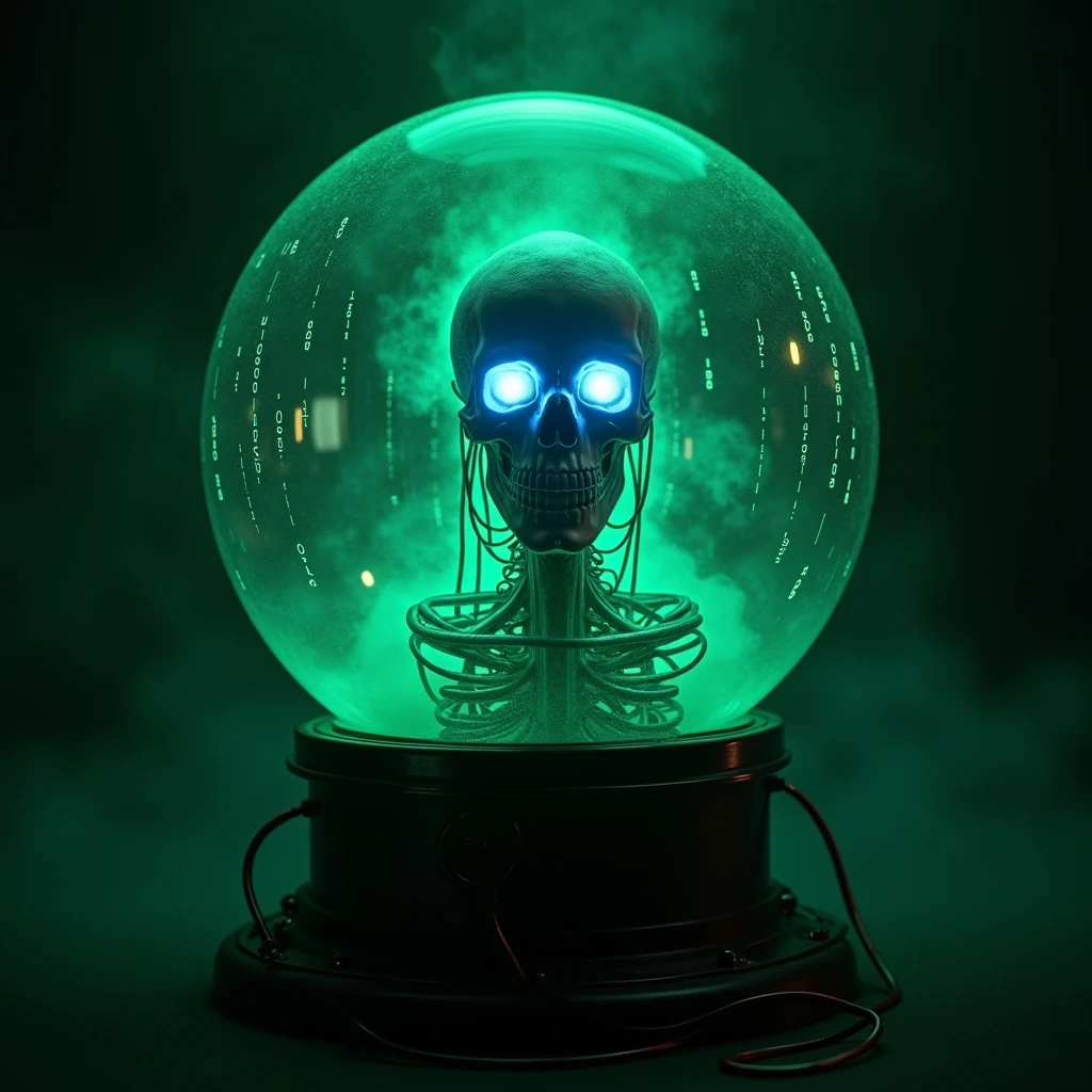 Put a big cristal smoky recipe with green neon fluorescent liquid potion inside  with lot of . Inside of the recipe there are alien headskull, add a big green dj headphone to the recipe, totaly night view photo with ultra open wide lens photo technic