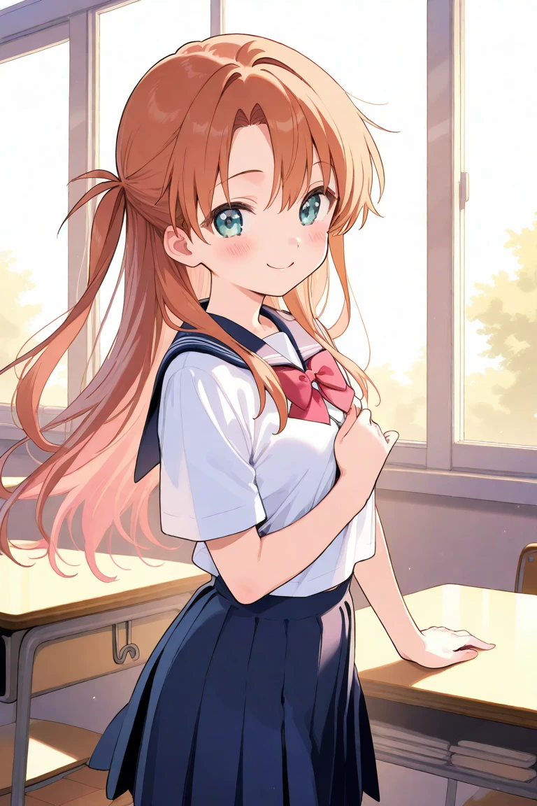 nsfw, girl、asuka langley soryu, long hair, bangs, Blue eyes, brown hair, hair ornament,、Jersey、Loose chest、Leaning forward、desperation, holding crotch、peeing、School classroom、Classmates are watching